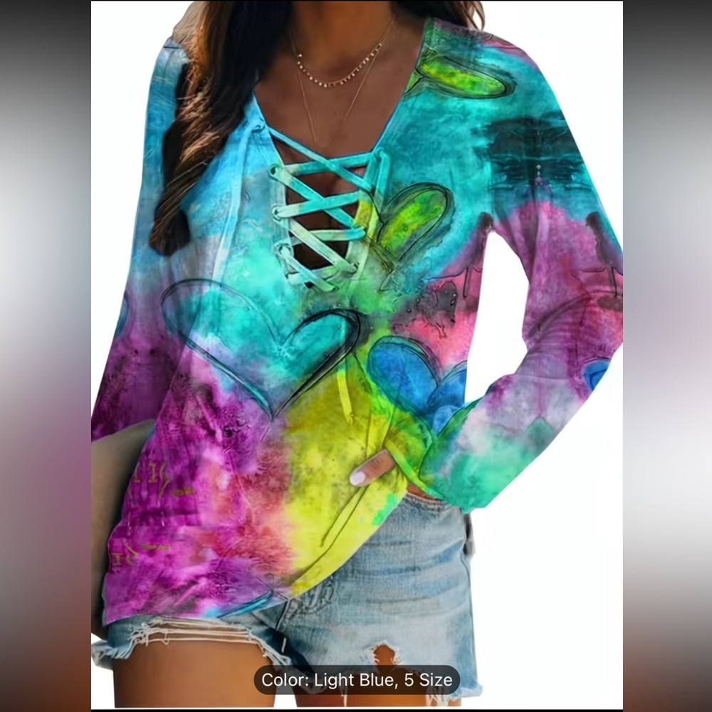 🔴 CLEARANCE🔖 NWT LIGHTWEIGHT TIE-DYE HEART DESIGN V-NECK LACE-UP TOP Women XXL - Picture 2 of 5